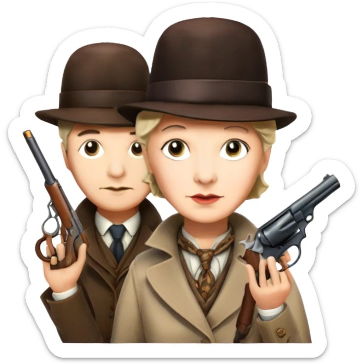 Icon for Detective Movies: A colorful collage with Sherlock Holmes, Miss Marple and Pinkerton. Include gun, clues and detective tools. The design should evoke mystery and intrigue, with a classic detective movie feel. Transparent background. sticker