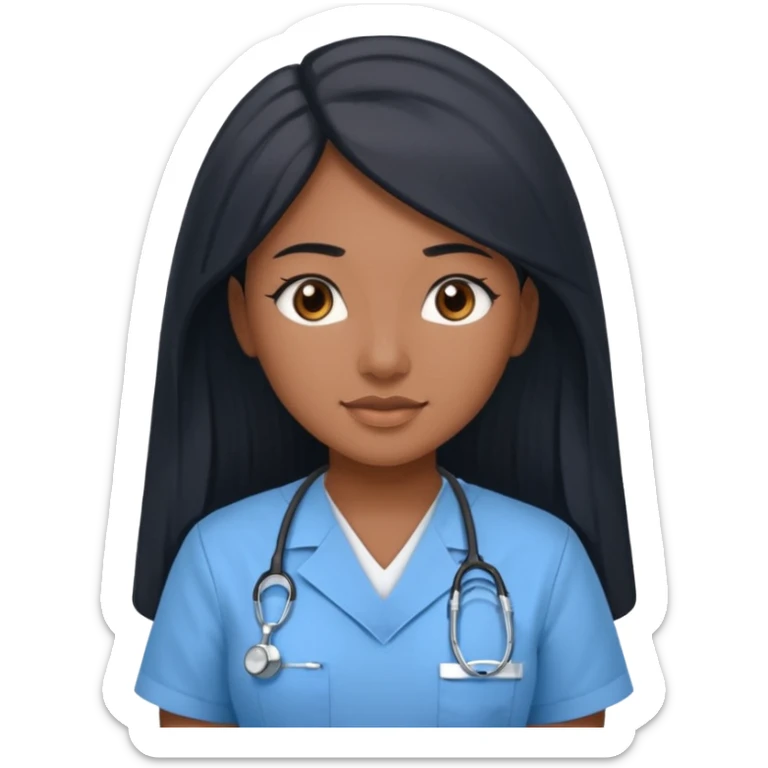 pretty brown skin nurse with long black hair and thin brown eyes in light blue scrubs sticker