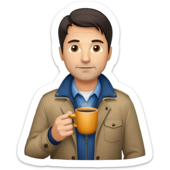 A handsome 45 year old white man with dark hair in a very foggy park drinking a cup of coffee sticker