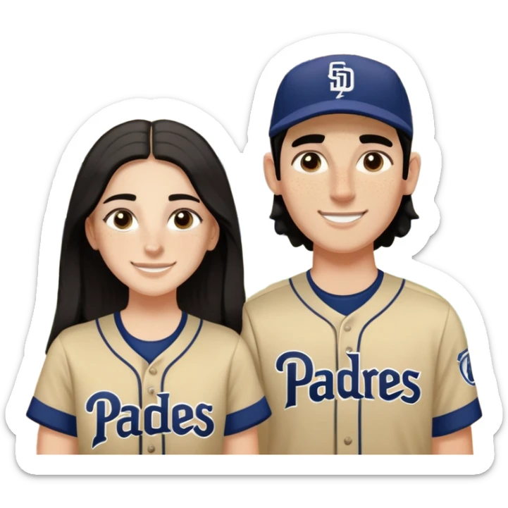 White Smiling couple. Girl has medium cheeks and a lot of freckles on the nose. Long hair. The boy has black short hair and prominent eyebrows with egipcian nose. Both are wearing “Los Padres” baseball jerseys and with a sign that says “Go Padres” sticker