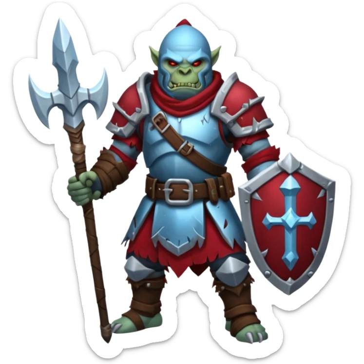 
Fantasy Christmas orc legion soldier icon, iron tundra army theme, heavy winter armor, disciplined brutal look, icy blue steel armor with deep crimson accents, frozen metal texture, cold winter atmosphere, clean readable emoji style
 sticker