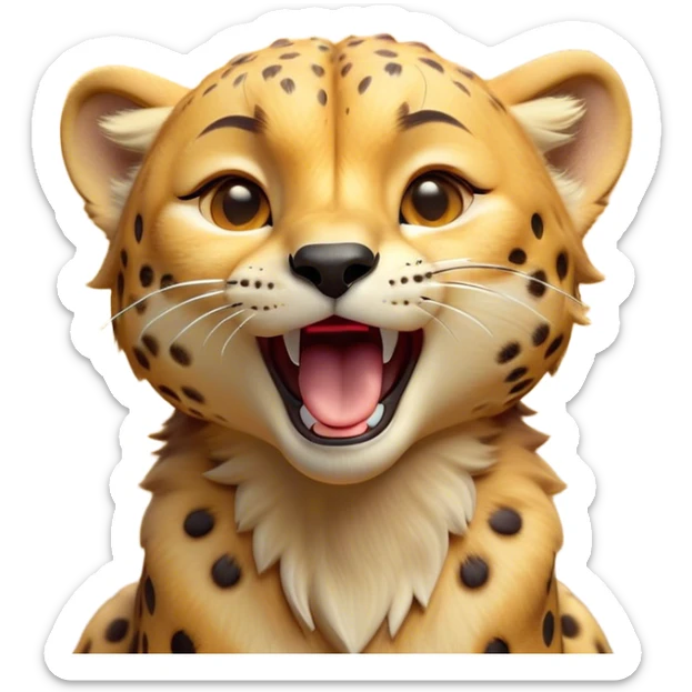 Cinematic Cute Yawning Cheetah Portrait Emoji, Head tilted slightly with a dramatic, wide-open yawn, showcasing a soft, sleek golden Fur with distinctive spots and floppy ears slightly drooping, round amber eyes barely open in drowsy contentment, Simplified yet irresistibly adorable features, highly detailed, glowing with a soft, cozy glow, high shine, relaxed yet expressive, stylized with a touch of savannah whimsy, bright and endearing, soft glowing outline, capturing the essence of a sleepy yet affectionate cheetah, so drowsy it feels like it could stretch right out of the screen and curl up for a nap! sticker