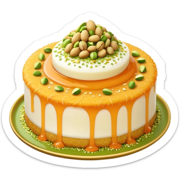 A small round emoji of traditional kanafeh with golden-orange crispy threads, a gooey white cheese center, and a light sprinkle of green pistachios. Warm and delicious-looking. sticker