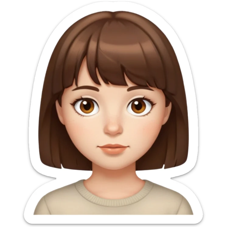 Cabelo curto, bochechas grandes, olhos castanhos, cabelo castanhos, poucas sardas, franja sticker