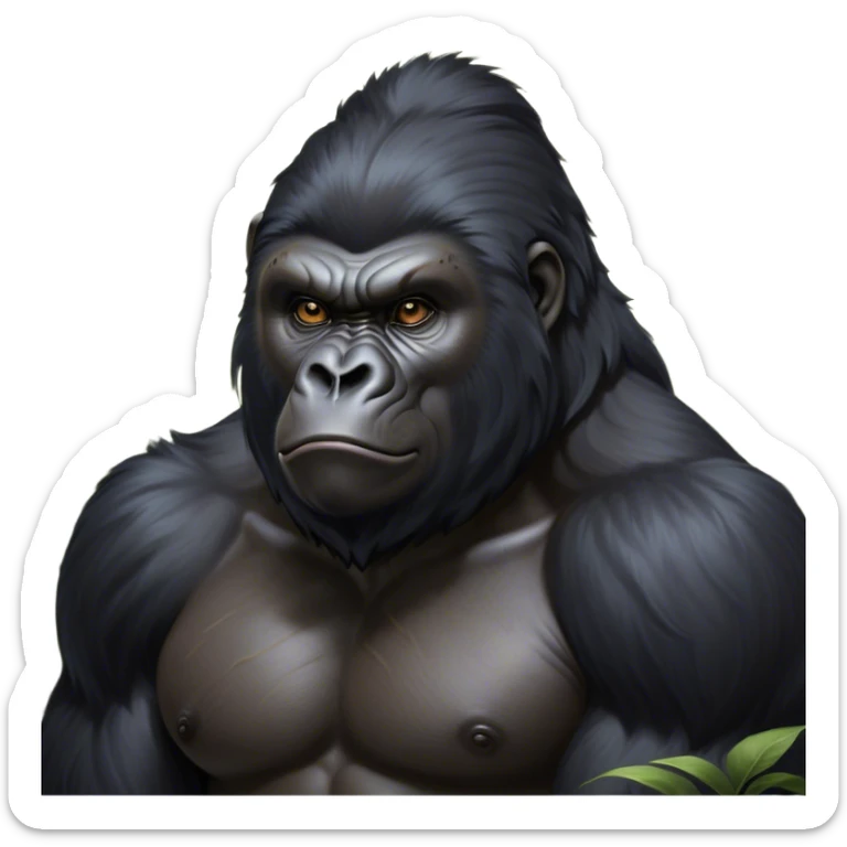Cinematic Noble mountain Gorilla Portrait Emoji, Poised and majestic, with a powerful, muscular frame accentuated by a distinguished black and grey mane and piercing, wise eyes, Simplified yet sharp and sophisticated features, highly detailed, glowing with a soft, regal jungle glow, high shine, intelligent and commanding, stylized with an air of imperial strength, focused and resolute, soft glowing outline, capturing the essence of a watchful guardian that feels as though it could step out of the screen with effortless authority! sticker