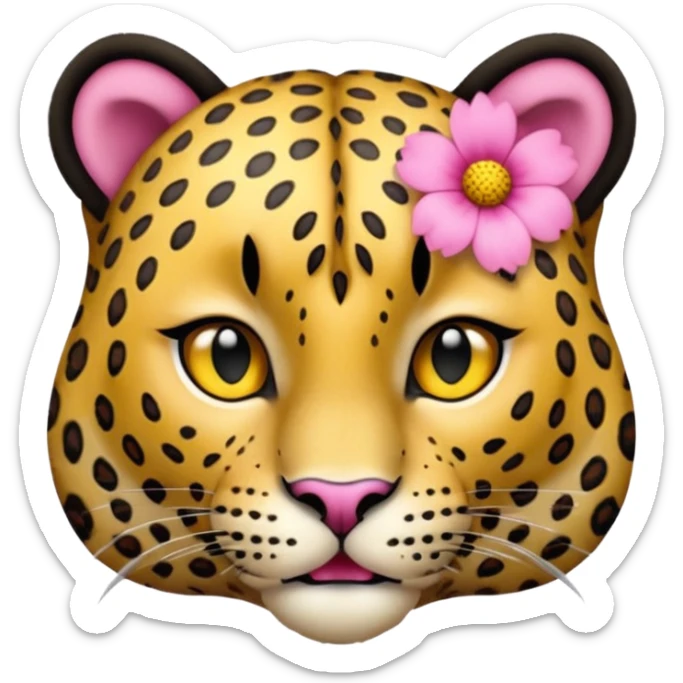 A leopard with mouth closed, A pink flower with a yellow center is tucked behind its right ear
 sticker
