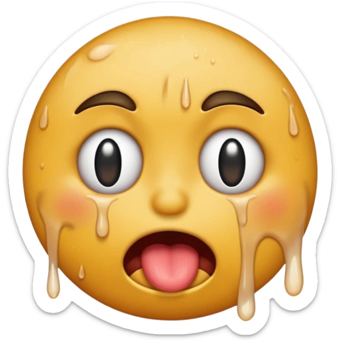 Generate a distressed and sweaty round emoji with white tears dripping off of its tongue sticker