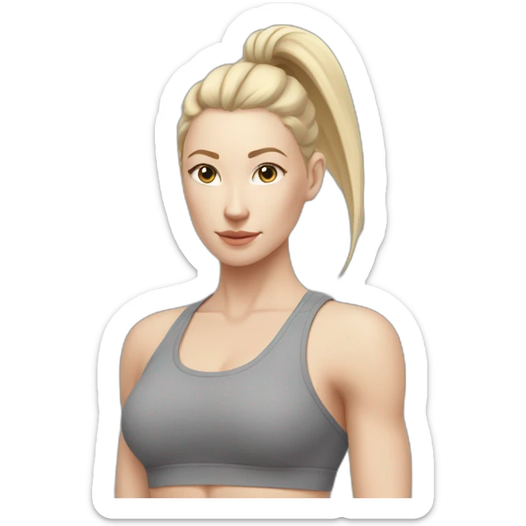 Pale skinned fit woman In a gray tight yoga suit With ash blonde hair in a ponytail doing yoga sticker