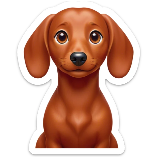 Cinematic Cute Red Dachshund Portrait Emoji, Head tilted playfully and inquisitively, featuring a glossy red coat with a sleek sheen, round, sparkling brown eyes filled with curiosity, Simplified yet irresistibly adorable features, highly detailed, glowing with a warm, friendly glow, high shine, affectionate and spirited, stylized with a touch of whimsy, bright and endearing, soft glowing outline, capturing the essence of a mischievous yet loving pup, so playful it feels like it could dash out of the screen and into your arms! sticker