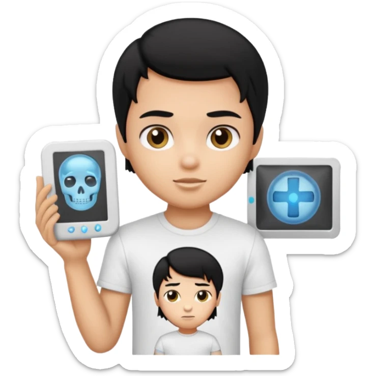 generate a pretty bratz emoji of a boy with black hair wearing a white tshirt and holding a cT sticker