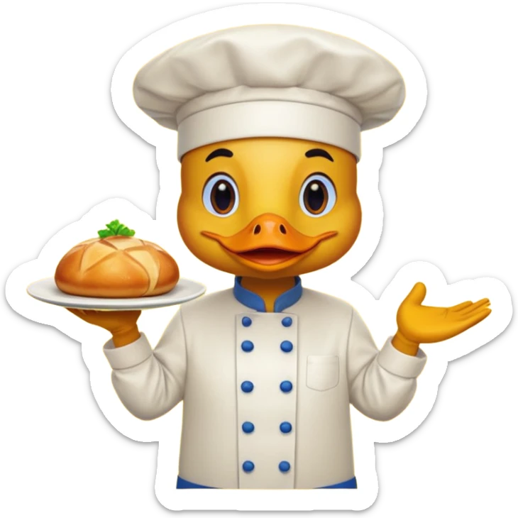 A duck in chef hat presenting a plate of fancy cuisine proudly wearing yellow apron sticker