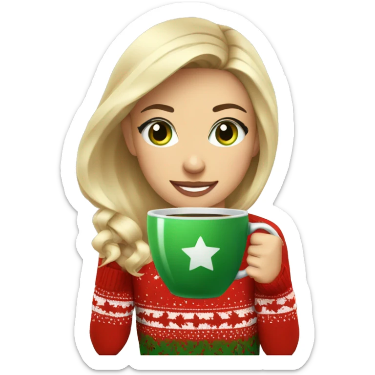 Short haired blonde girl with green eyes drinking coffee wearing Christmas sweater sticker