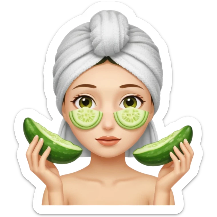 Chica con toalla en el pelo y ruedas de pepinos en los ojos sticker