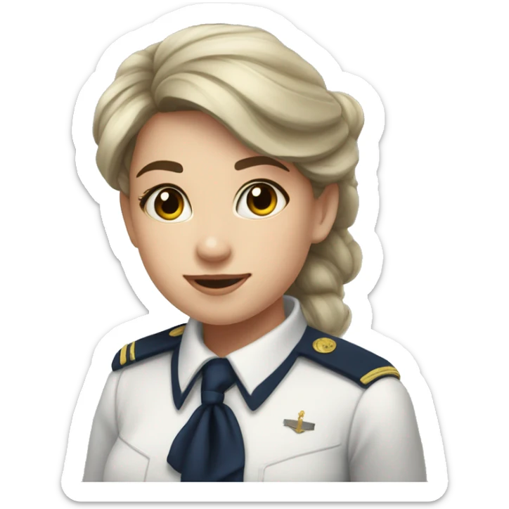 A girl in a navy uniform from the Odessa Naval Academy with dark foul hair and white skin sticker