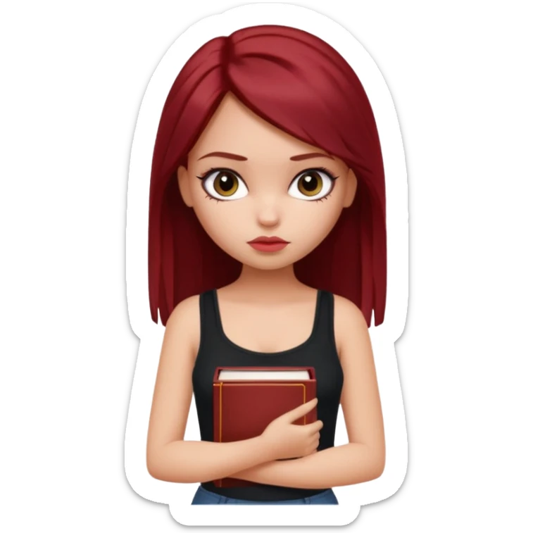 a pretty bratz fair girl with dark red straight hair, black cami top, looking sad holding books sticker