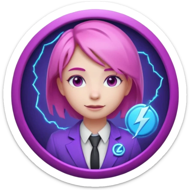 Cute 3D emoji-style girl sexy character with pink hair and purple eyes, inside a circular badge. No hands, no pose. Clean purple suit with a glowing neon-blue ‘C’ logo on the chest, small lightning accent. Smooth Apple-style lighting, friendly expression sticker