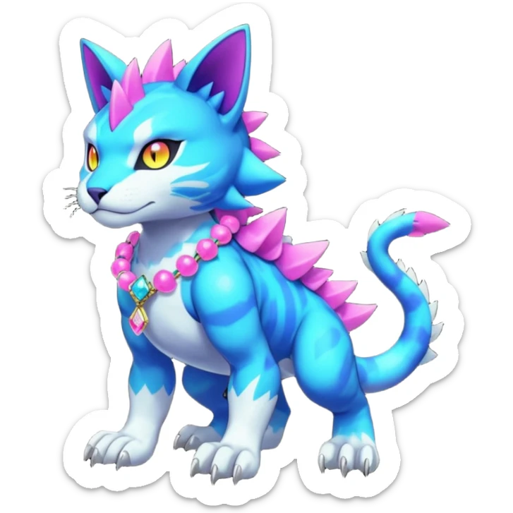 Colorful neon glowing abyssal garurumon-purloin-feline-Fakemon-Digimon-creature wearing a cool casual fashionable aesthetic clothes and accessories and jewelries and apparels fursona (full body)  sticker