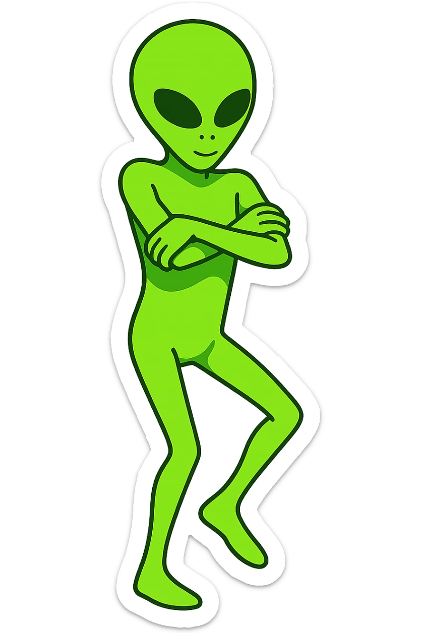 Edit the alien dancing neon green image to have crossed arms and a slightly changed pose for animation frame 3. Keep it almost identical to the reference with a transparent background. sticker