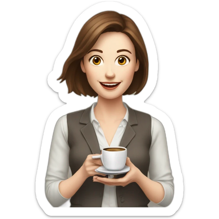 woman with brown hair and pale skin juggling with coffee cups and mini laptops portrait sticker