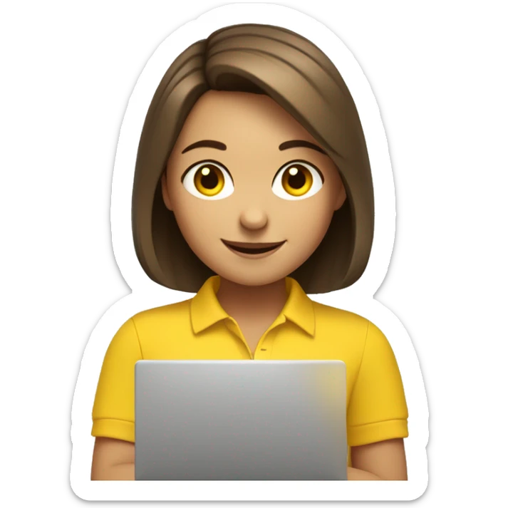 A girl with brown hair and a bob hairstyle in a yellow polo with a laptop winks and smiles. sticker