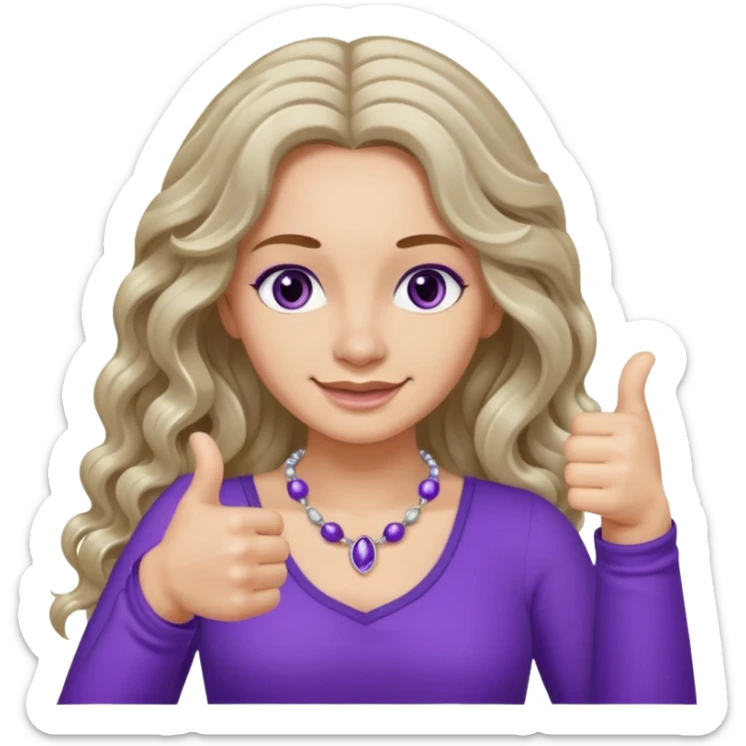 lady with long wavy русые hair, purple top, коричневыми eyes, thumbs up, с бусами белые и серебром на шее sticker