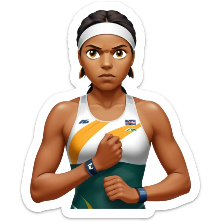 Cinematic Realistic portrait of Cathy Freeman, shown as an iconic Australian athlete with a focused, determined expression and modern athletic attire accented with subtle native motifs, rendered in dynamic, vibrant lighting sticker