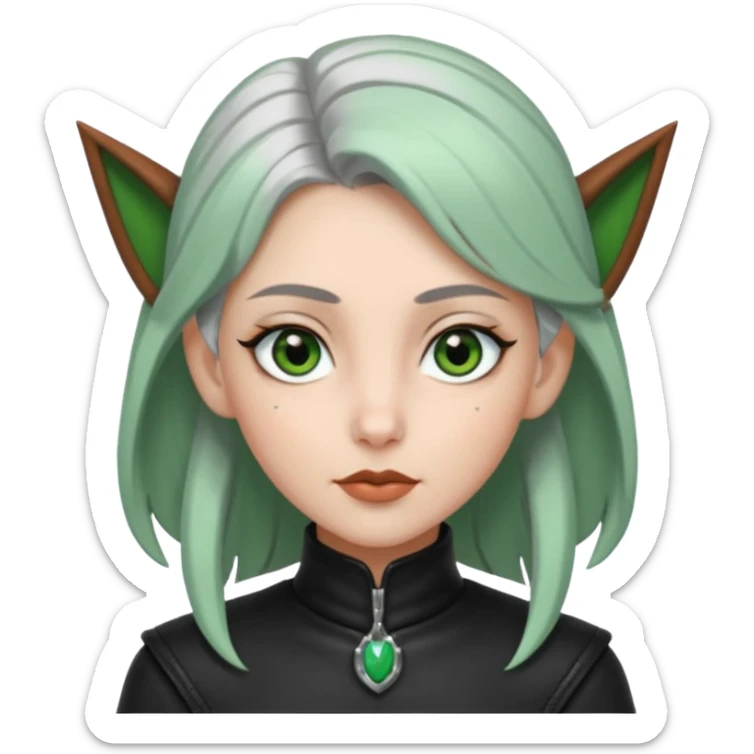 Haz un emoji de una chica con piel blanca ojos marrones y verdes nariz puntiaguda orejas de fae labios finos pelo plateado con un recogido y ropa de cuero negra sticker