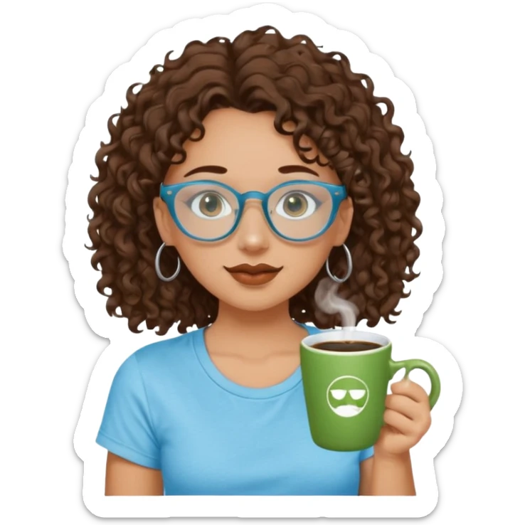 White girl with dark brown curly hair, brown eyes, sky blue glasses, nose piercing septum, green t shirt, drinking coffee from a cup sticker
