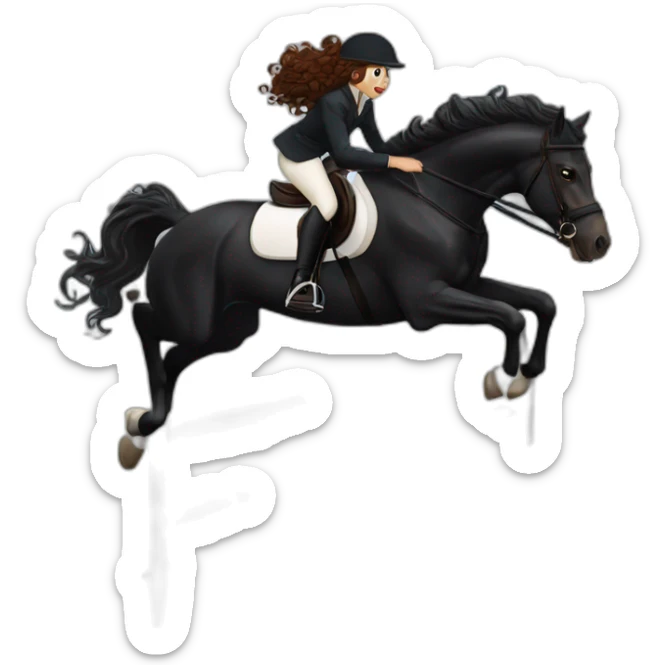 a  JET BLACK HORSE JUMPING AN OBTACLE, tHE HORSES RIDER IS A YOUNG FEMALE WITH LONG CURLY BRUNNET HAIR OF A REDDISH HUE sticker