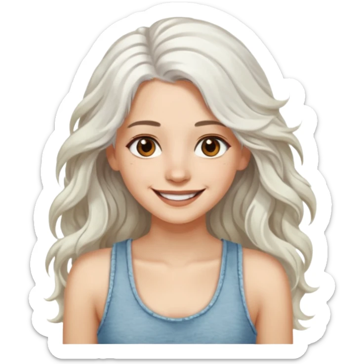 woman with wavy long white hair and brown eyes. smiling in a grunge tanktop. pale skin. sticker
