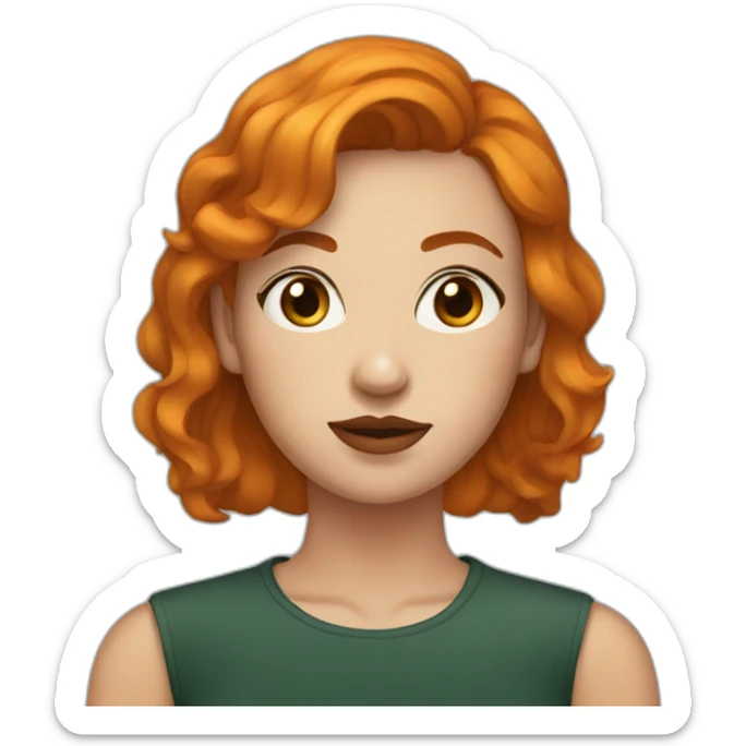 a woman with a round face and short ginger hair, gold septum piercing sticker