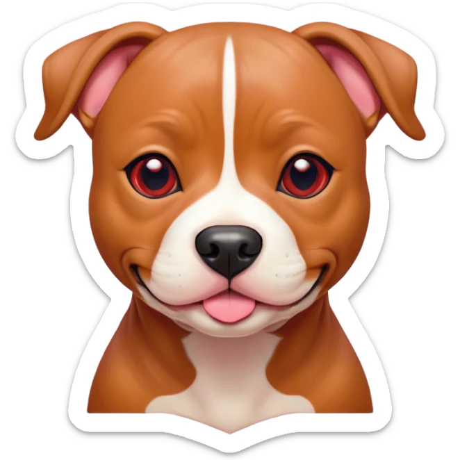Cinematic Cute Red/Fawn Staffordshire Bull Terrier Portrait Emoji, Head tilted playfully and inquisitively, featuring a glossy red/fawn Fur with a vibrant sheen and delicate white accents, round, sparkling dark eyes filled with curiosity, Simplified yet irresistibly adorable features, highly detailed, glowing with a warm, friendly glow, high shine, affectionate and spirited, stylized with a touch of whimsy, bright and endearing, soft glowing outline, capturing the essence of a mischievous yet loving pup, so playful it feels like it could bound out of the screen and into your arms! sticker