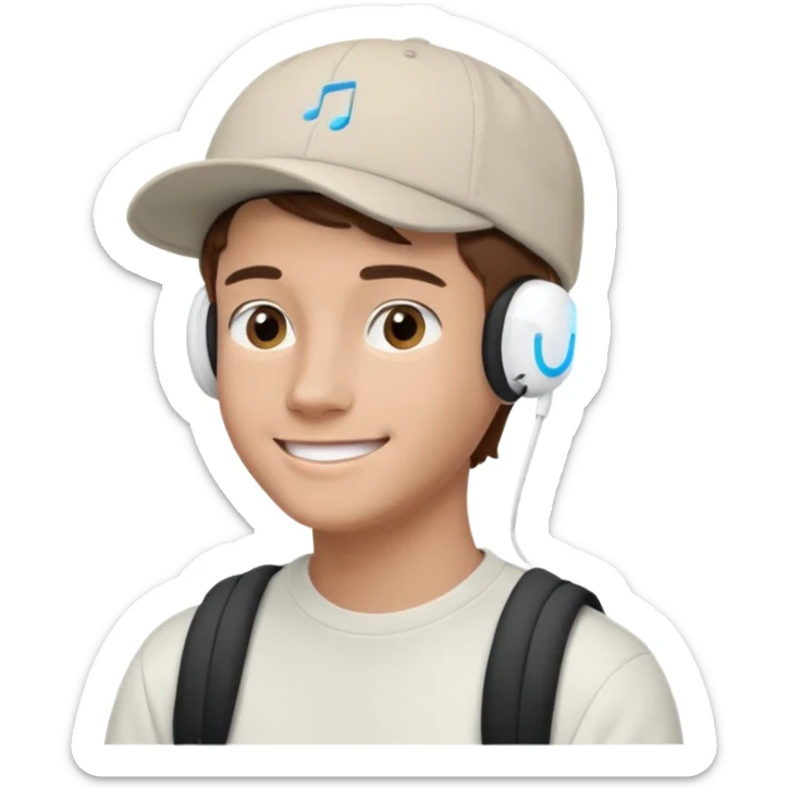 Only the head of a young guy with brown hair smiling with airpods in his ears and a cap on his head turned back. sticker