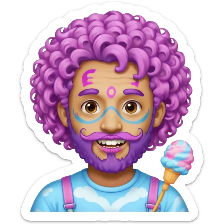 very colorful puffy violet curly haired man beard made out of cotton candy wearing teeth-braces and excessive face tattoos just face  sticker