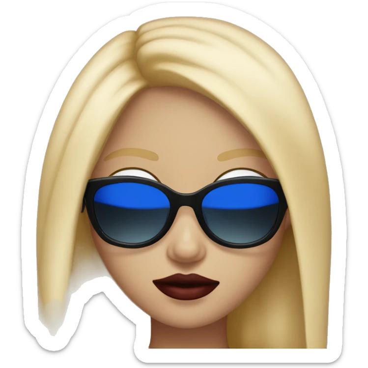 girl long blonde hair blue eyes black sunglasses that cover her eyes and cherry lipstick sticker