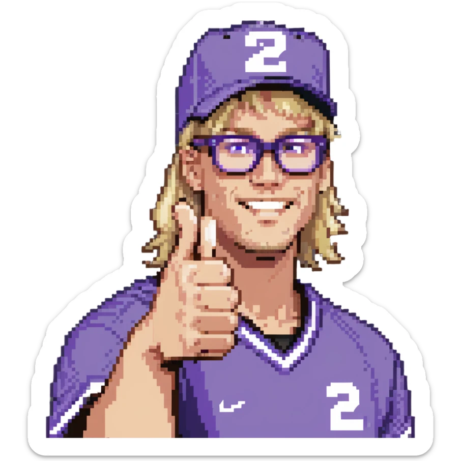 Man with black and white cap, purple sports jersey with number 32, clear glasses, light blond mullet hairstyle, thumbs up gesture sticker