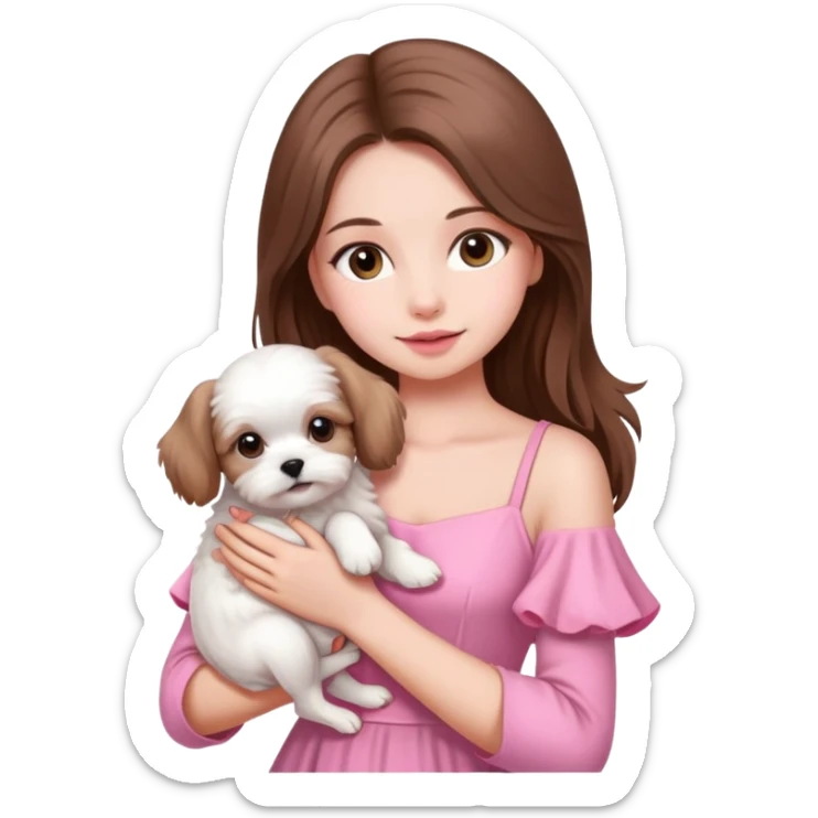beautiful girl with long hair wearing pink dress holding a white Maltese puppy sticker