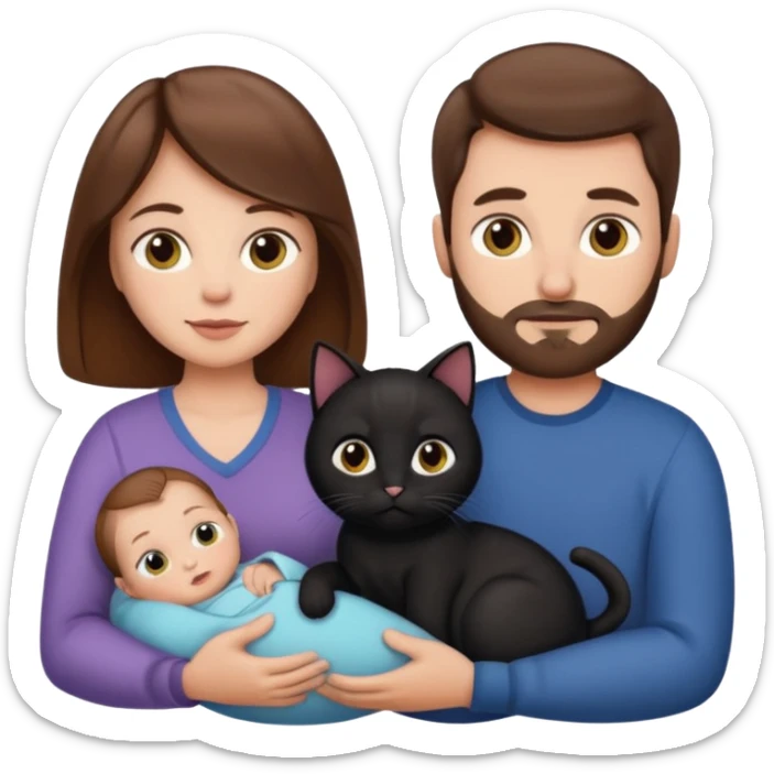 1 mom brown hair, 1 dad NO beard, 1 baby and 1 black cat sticker