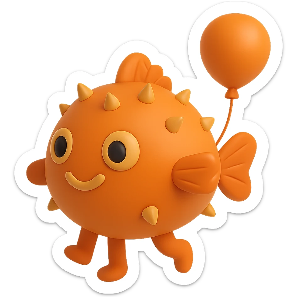 Make the balloon fish orange, add arms and legs, keep the style playful and floating, with no background. sticker