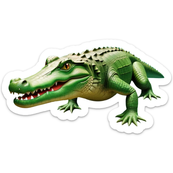 cinematic-crocodile-realistic-full-body-on all fours-emoji,-massive-scaled-body-partially-submerged-in-shallow-water,-head-tilted-dramatically,-rough-green-and-brown-hide-textured-with-deep-ridges,-simplified-yet-realistic-focused-features, head held high sticker