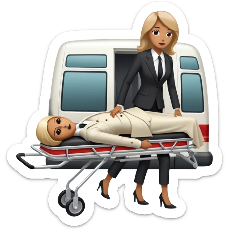 Woman in a suit pushing a stretcher with a dead body on it in to a funeral van  sticker