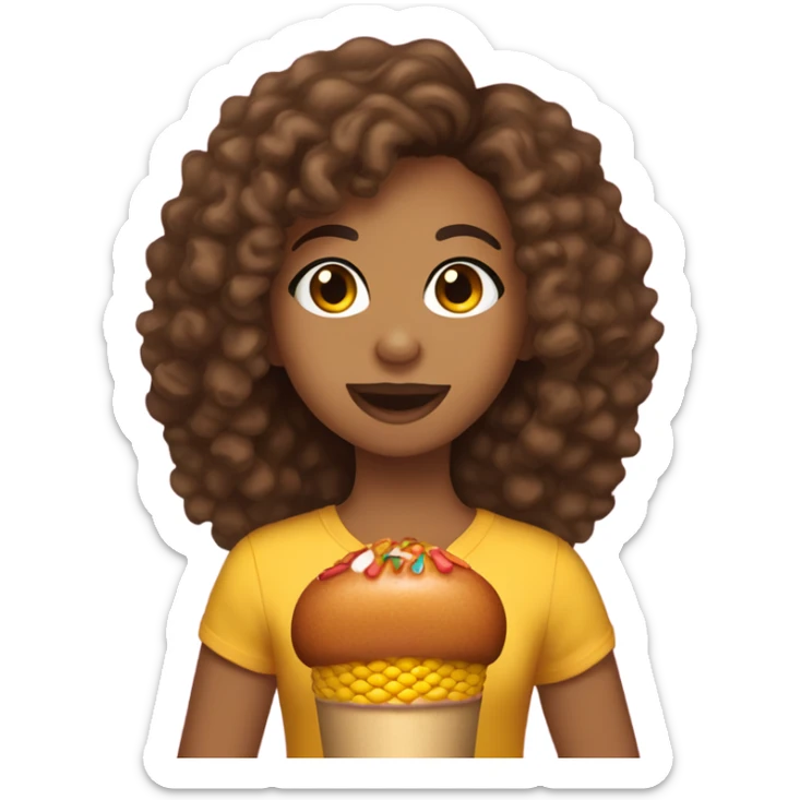 Girl with brown curly hair and olive skin tone and hazel eyes eating a corn dog sticker
