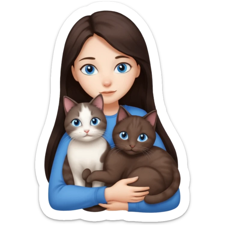 a girl with long dark 
brown hair, with blue eyes, hugs 3 different natural coloured cats sticker