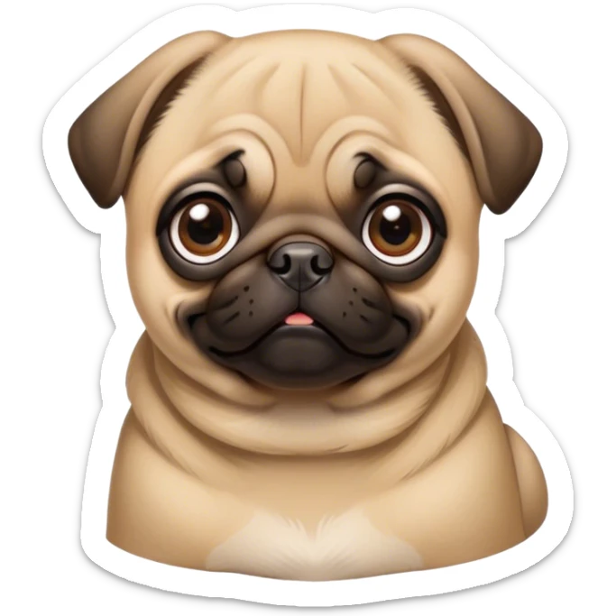 Cinematic Cute Fawn Pug Portrait Emoji, Head tilted playfully and inquisitively, featuring a smooth fawn coat with a subtle sheen, round, sparkling dark eyes filled with curiosity, Simplified yet irresistibly adorable features, highly detailed, glowing with a warm, friendly glow, high shine, affectionate and lively, stylized with a touch of whimsy, bright and endearing, soft glowing outline, capturing the essence of a mischievous yet loving pup, so playful it feels like it could bounce out of the screen and into your arms! sticker