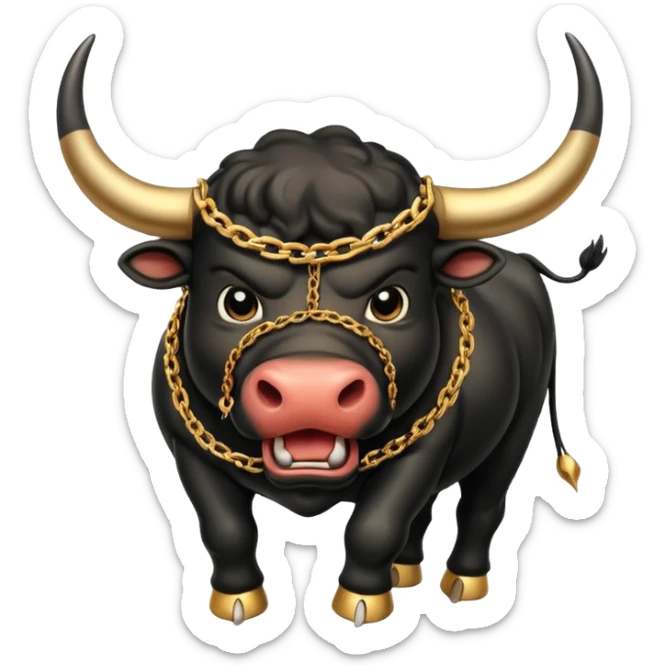 The emoji is an angry black powerful bull with steam coming out of its nose and a gold chain hanging from its neck with the inscription "bull run" sticker
