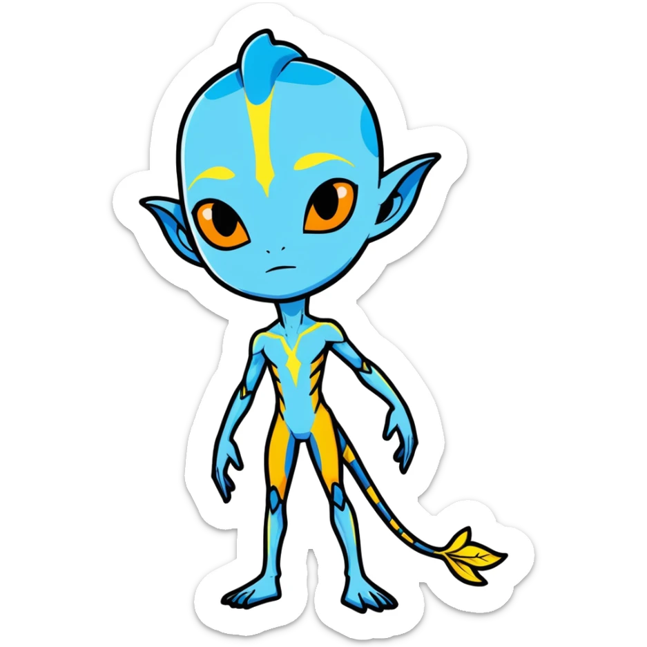 Na'vi character from Avatar movie, blue skin, bioluminescent markings, tall and slender, yellow eyes, cartoon sticker style sticker