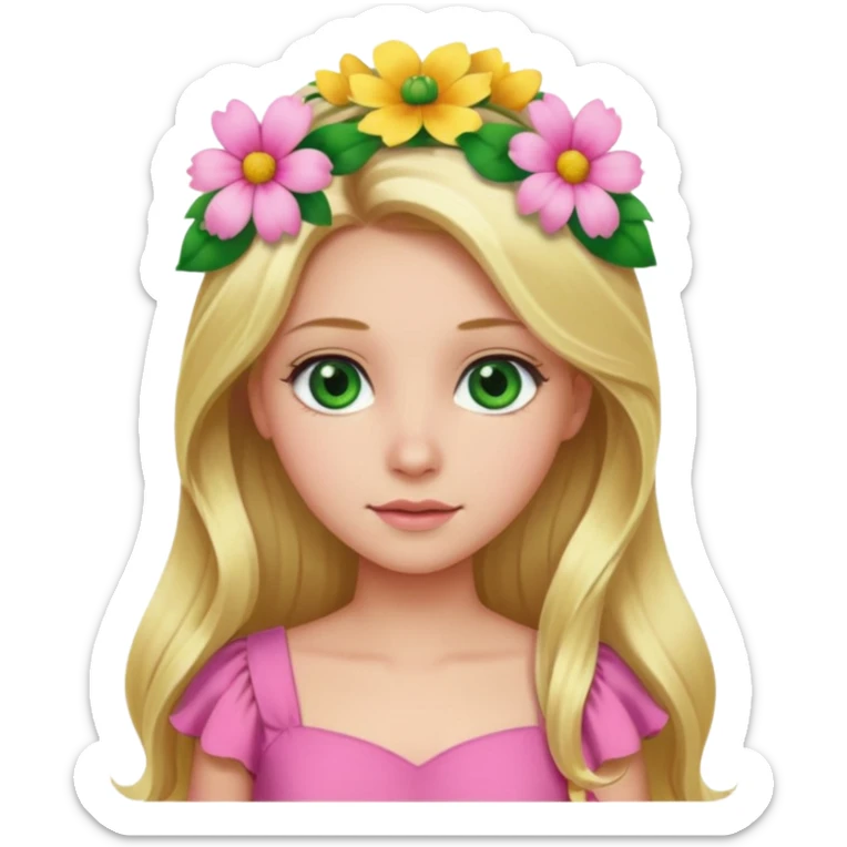 Girl profile picture with long blonde hair and green eyes and a flower in her hair. and a pink outfit sticker