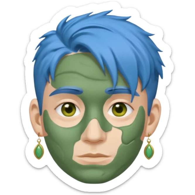 messy green clay mask man with earrings and blue hair sticker