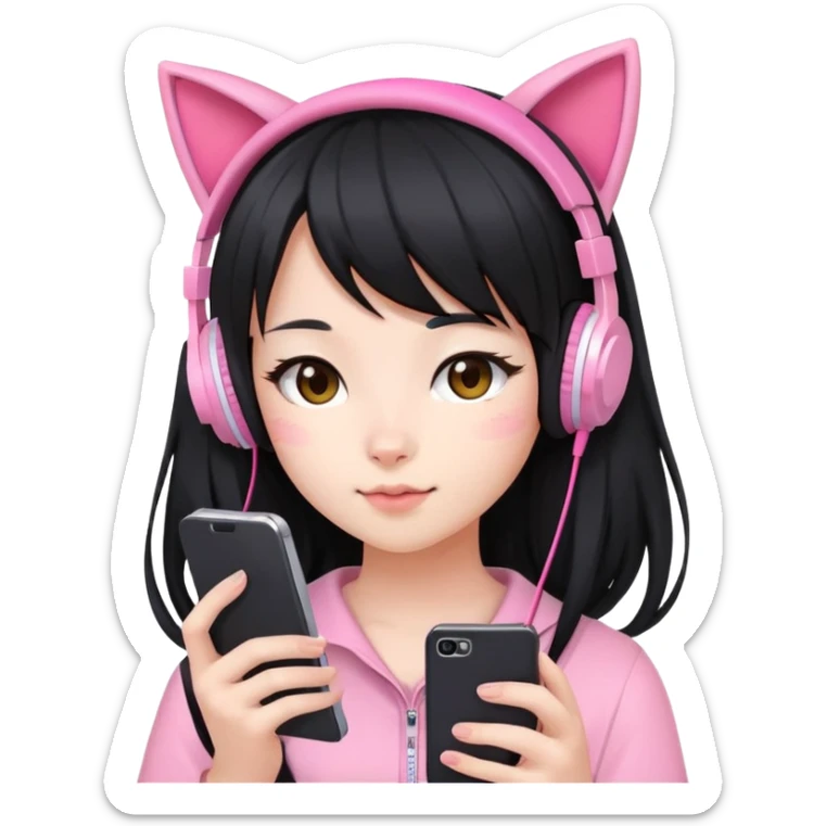 Extra cute Japanese girl with long hair, wearing pink cat ear headphones and holding a mobile phone sticker