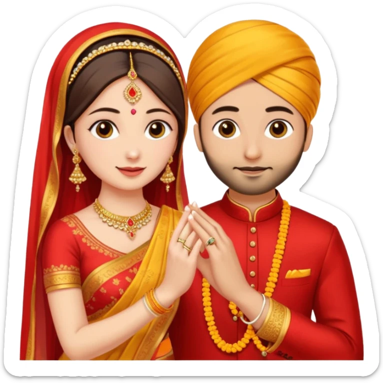 Two hands in a engagement..One hand of groom and one hand of bride. Bride hand - red/yellow saree. groom- light orange punjabi (oonly hands will be visible in the image). Groom's hand is holding a ring and bride's hand will be wearing the ring.*ONLY HANDS WILL BE VISIBLE IN THE IMAGE* sticker